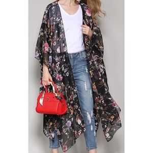 NWT Women's Hibluco Long Floral Kimono Wrap Cover Up Sheer Black - Size 2XL